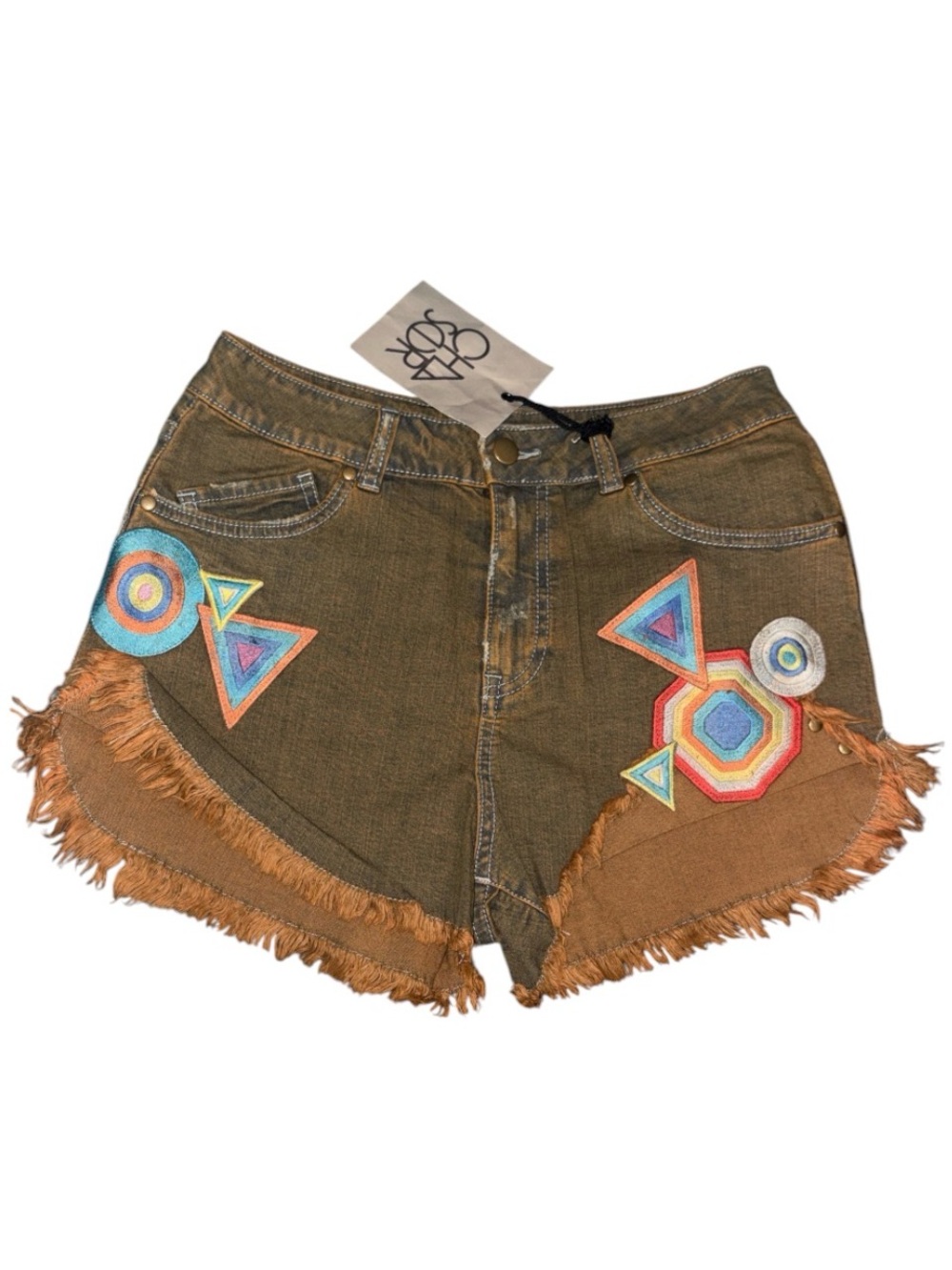 Chaser Boho Patchwork Frayed Hem Acid Washed. Women’s Shorts - Olive/ Rust NEW!